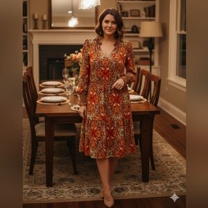INC International Concepts Orange and Brown Long Sleeve Dress